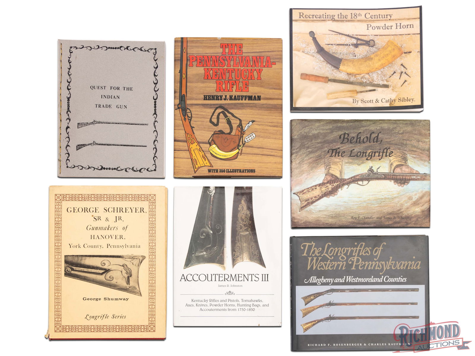 Lot of Seven Reference Books on Kentucky Rifles and Accouterments: Lot consists of seven books on Kentucky rifles and related accouterments. Lot includes "Recreating the 18th Century Powderhorn" by Scott Sibley, "Accouterments III" by James R. Johnston, "The Long Rif