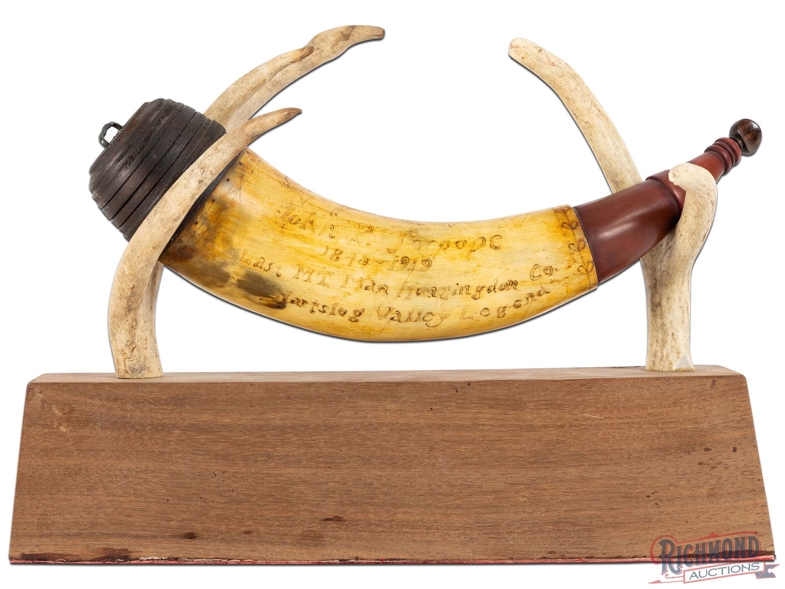 Contemporary Powder Horn Made with John Swoope Scrimshaw: Contemporary Scrimshawed Powderhorn with deer and fish and animals with markings commemorating Huntingdon County's Last Mountain Man, John P. Swoope, 1845-1919, Hartslog Valley Legend, and is so marke