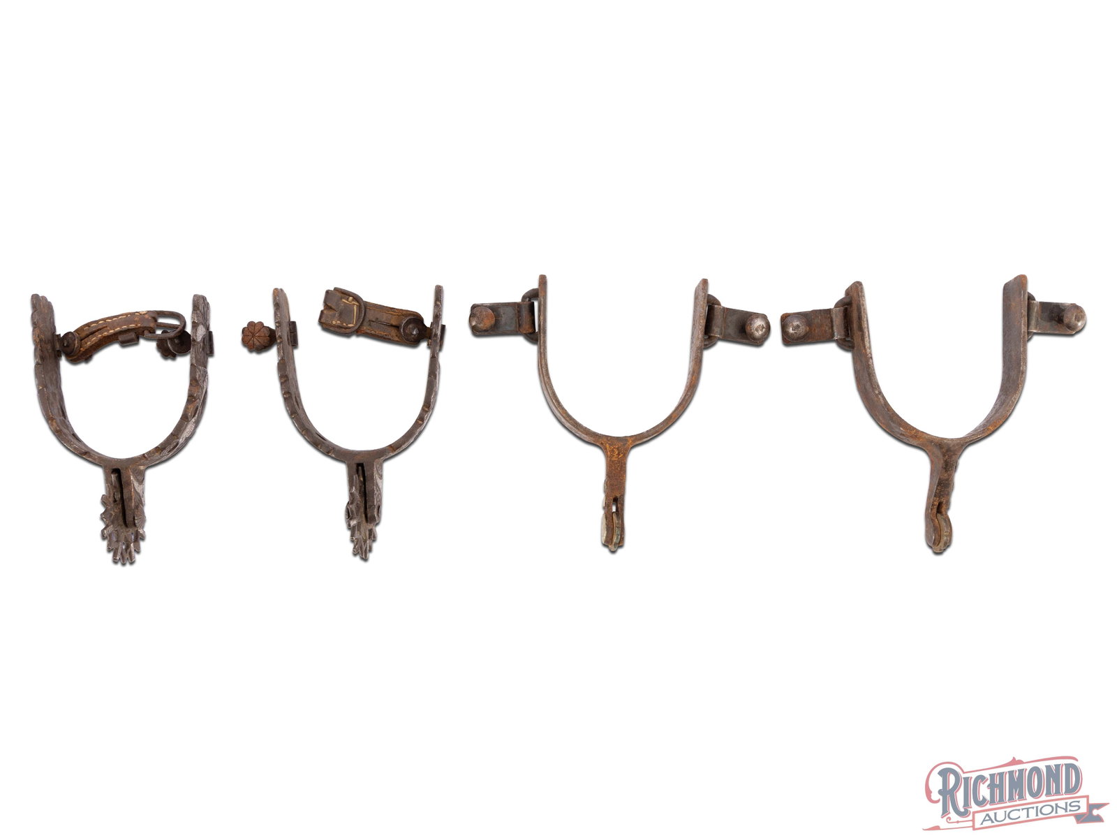 Two Pair of Cowboy Spurs with Fancy Inlay & Bob Blackwood Stamped: Spurs are heavily worn showing pitting and rust and other wear. One pair with fancy Mexican rowels and nice silver inlay work. The other pair with the capital "BB", Bob Blackwood mark.