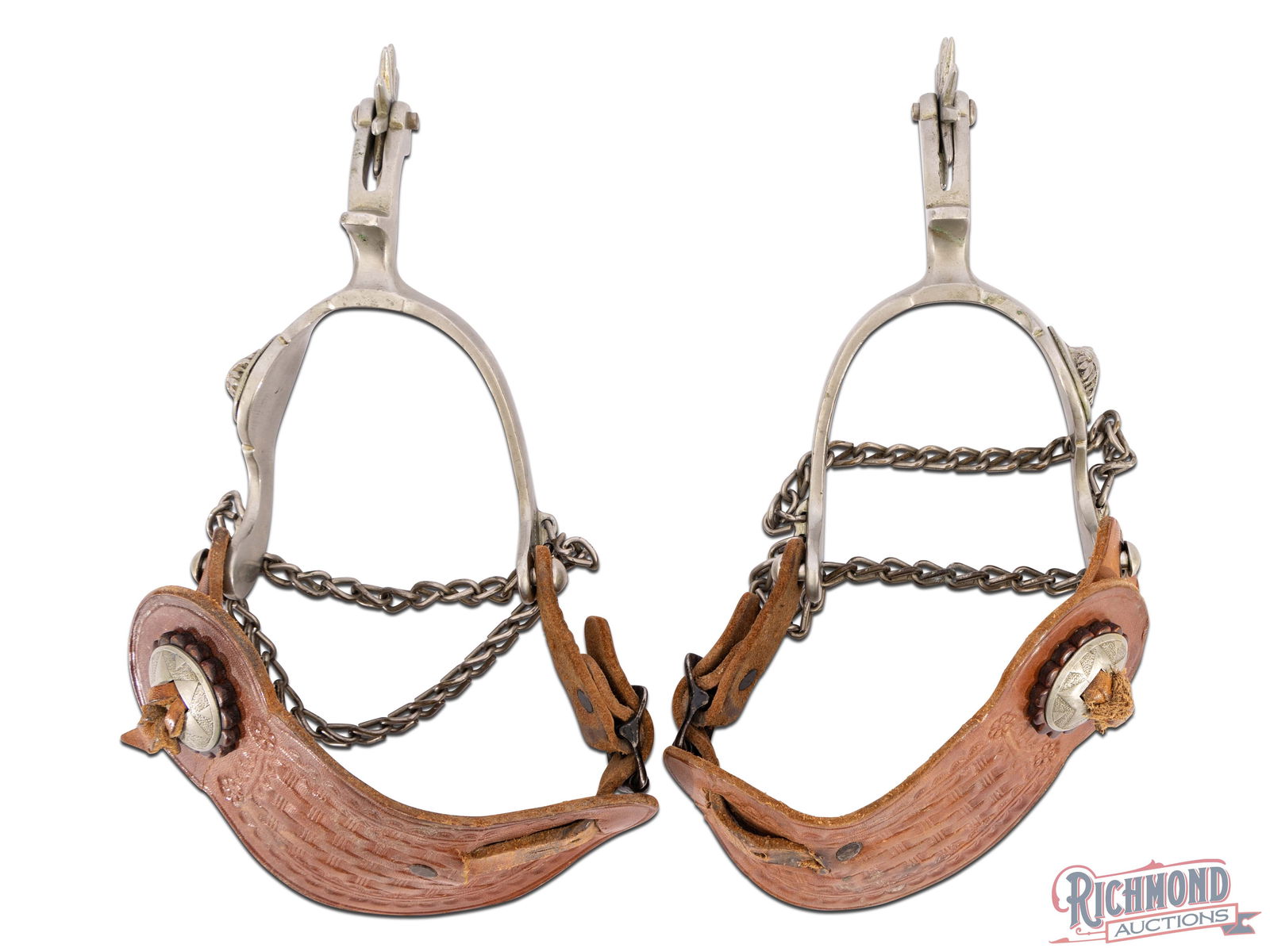 Rare Buermann Indian Chief "Steel Silver" Cowboy Spurs: Rare Buermann spurs, marked "ST/R Steel Silver" only, however, the "Star Silver" mark was typical of Buermann spurs made after WW1. Approximately 3" wide and 6-1/2" in length.