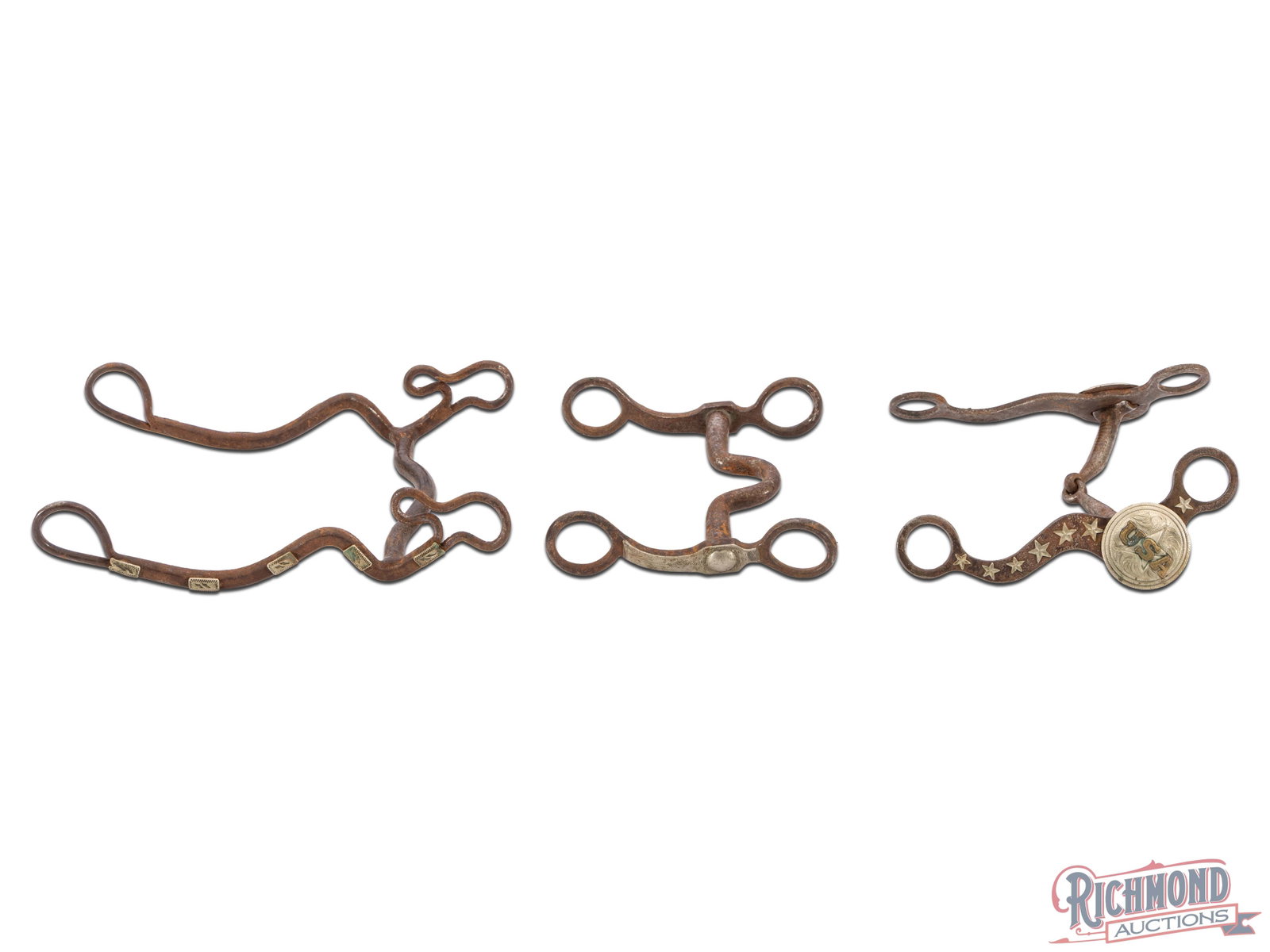 Collection of Three Horse Bits: A good collection of 3 bits showing varied mouth designs that give a good depiction of how bits changed over the years and across locations. Moderate wear and rust throughout.