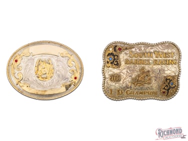 Set of Two Championship Rodeo Buckles Barrel Racing 2003 Champion