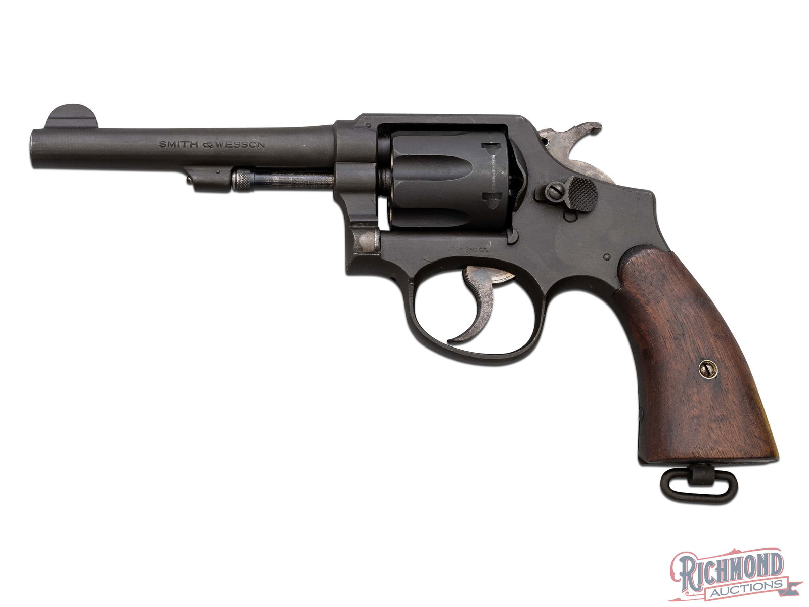 WWII Era Australian Issue Smith & Wesson Victory Model M&P .38 S&W Revolver: Manufactured by Smith & Wesson between 1942 and 1945 for the Australian Armed Forces. Features a 5" pinned barrel with rear integrated notch and half-moon blade front sight. Matte finish on the square