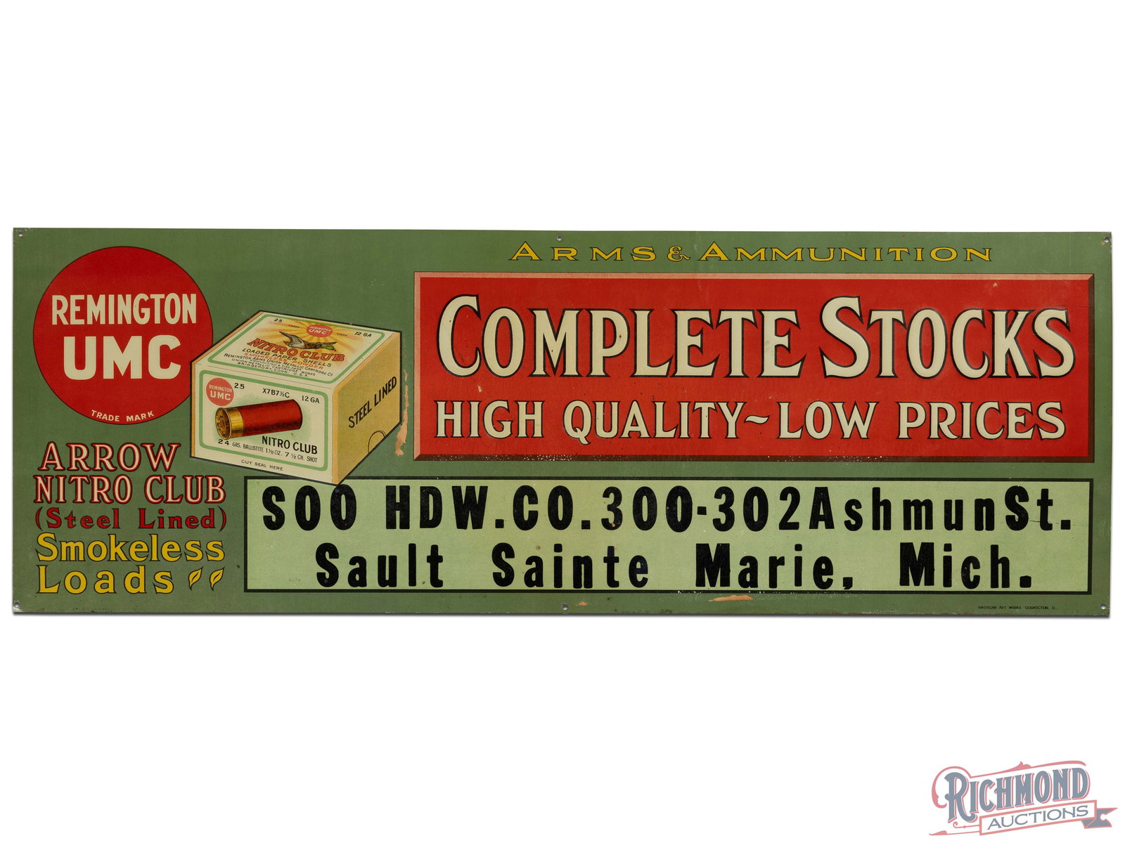 Outstanding NOS Remington UMC Arts & Ammunition Emb. SST Sign: Amazing NOS SST embossed sign has excellent color and shine. The field has paper marks with light wear and tiny areas of paint loss. The lower right outer field and corner have light bends present. Ma