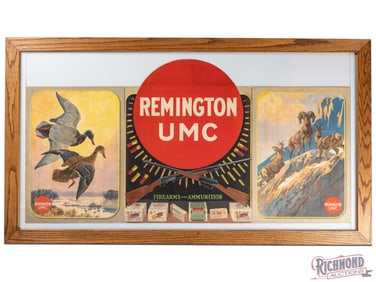 Remington UMC Firearms and Ammunition Framed Tri-Fold Advertising Display Sign