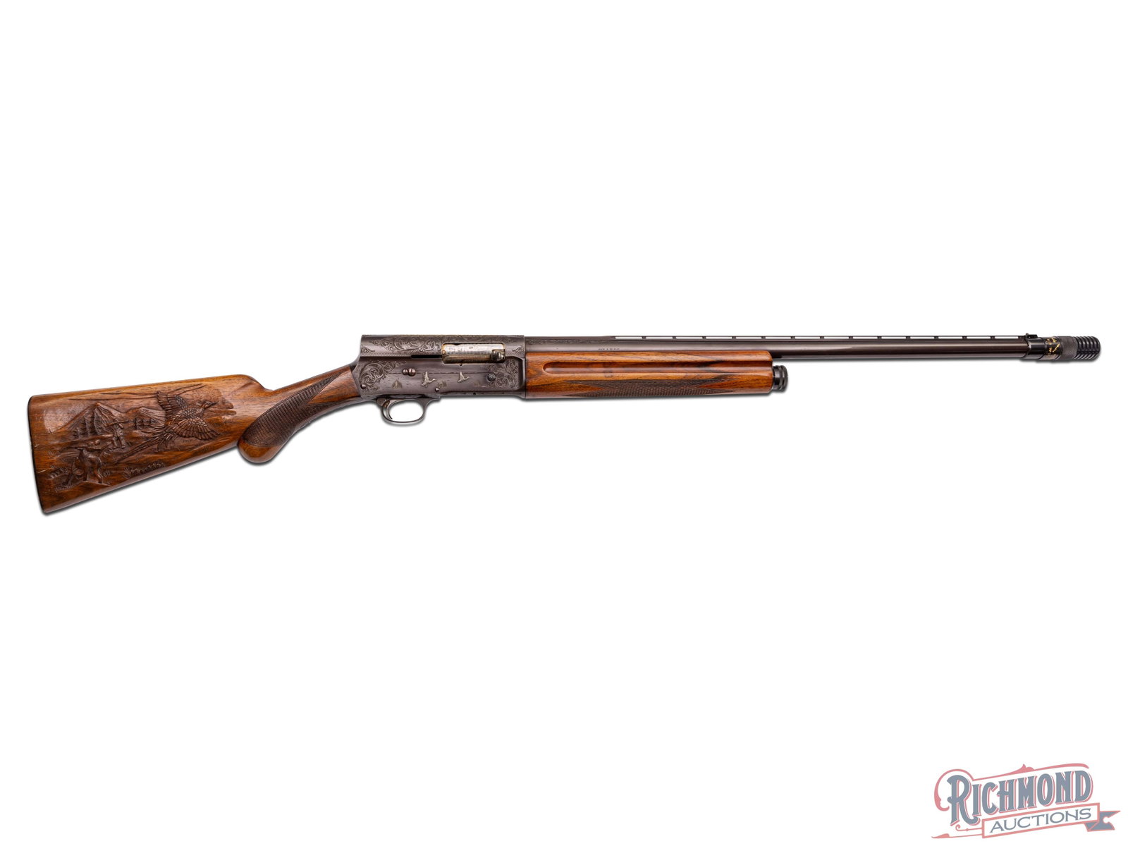 Custom Engraved Belgium Browning Light Twelve A-5 Semi-Automatic Shotgun: Made in Belgium by Browning in 1960. 28" blued Special Steel barrel in 12 gauge with ventilated matted rib stamped with Browning St. Louis, Missouri address with added Polychoke. Custom Light Twelve s