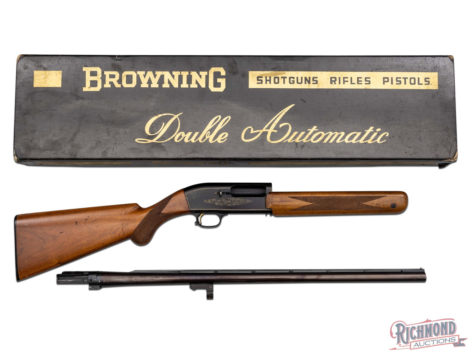 Browning Twentyweight Double Auto 12 GA Shotgun in Original Box: Manufactured by Browning in Belgium circa 1960's. Features a 26-1/2" Special Steel ventilated rib barrel with nickel bead front sight. Chambered for 2-3/4" shells with modified choke. Left side of the