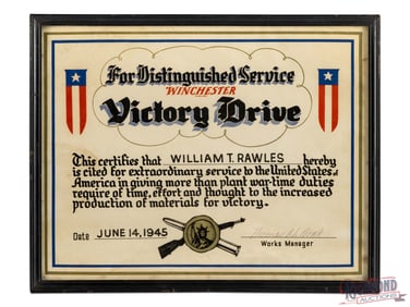 Rare 1945 Winchester Victory Drive Award for Distinguished Service