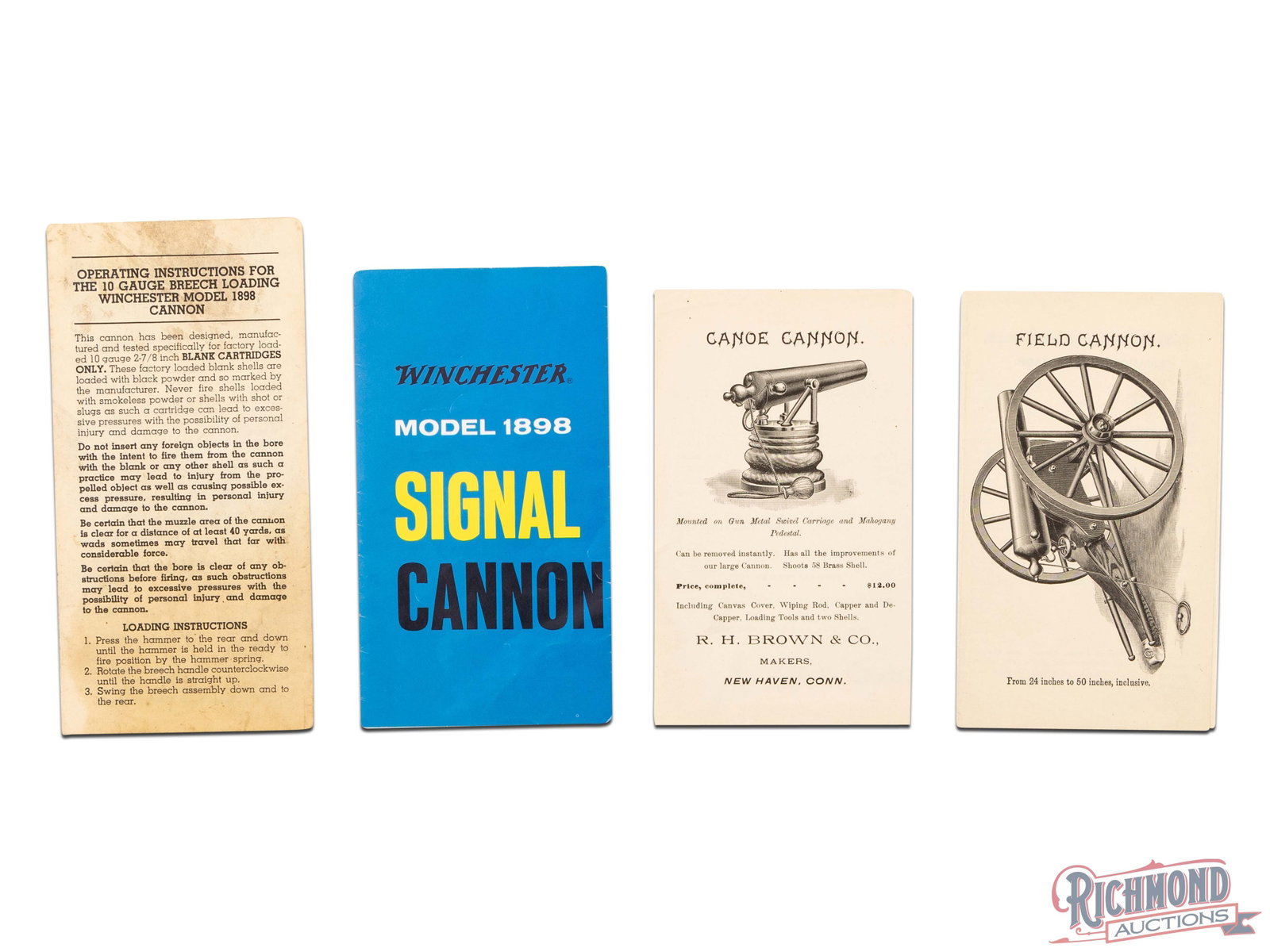 Lot of Three Vintage Pamphlets for Winchester Model 98 Signal Cannon: Lot consists of vintage pamphlets for Winchester Model 98 Cannon. Two pamphlets are marked as instruction sheets with one plain manila paper and the other a later blue and yellow sheet. Both from Winc