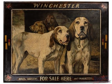 Winchester Rifles Shotguns and Ammunition "For Sale Here" Lithograph Advertising Sign w/ Bear Dogs