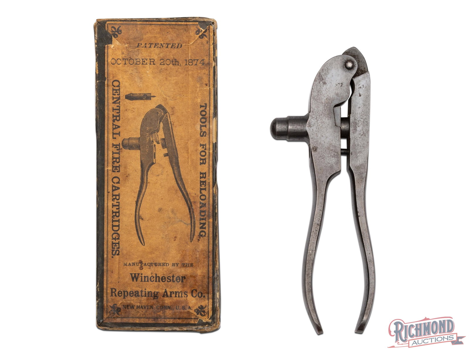 Winchester Model 1882 Steel Tong Reloading Tool in Original Box in .32 W.C.F. Caliber: Original boxed Winchester Steel Model 1882 Tong Type reloading tool in .32 W.C.F. with de-capper and copper powder measure.