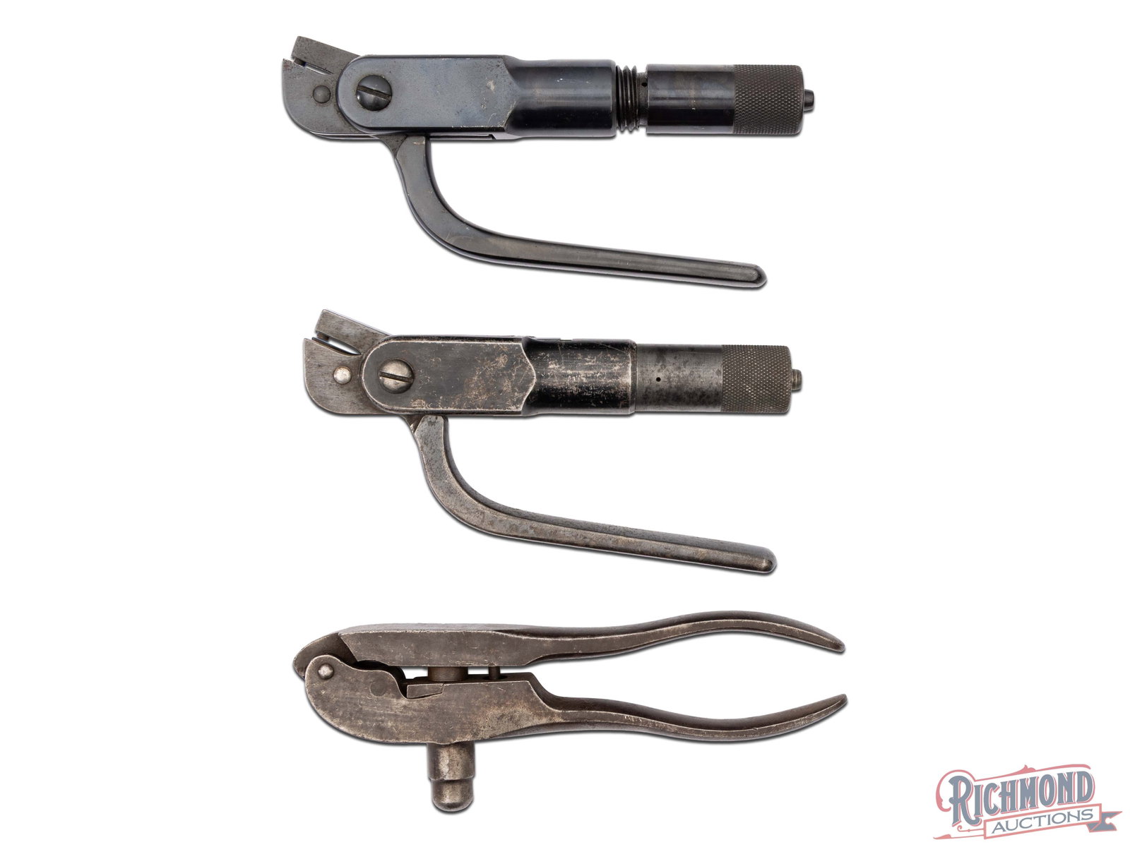 Lot of Three Winchester Steel Tong Reloading Tools 30 Gov, 303 SAV, 38 L: Lot of three Winchester Blued Steel Tong Reloading Tools with one 1894 Tool in 30 Gov. Caliber, one 1894 Tool in 303 Sav with Decapper pin and a 1882 Tong Tool in 38 L caliber.
