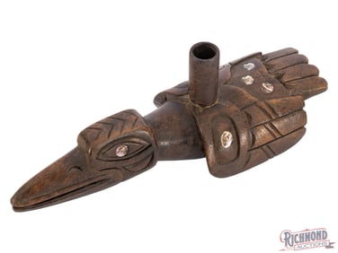 Northwest Coast Native American Carved Wood and Gun Barrel Pipe