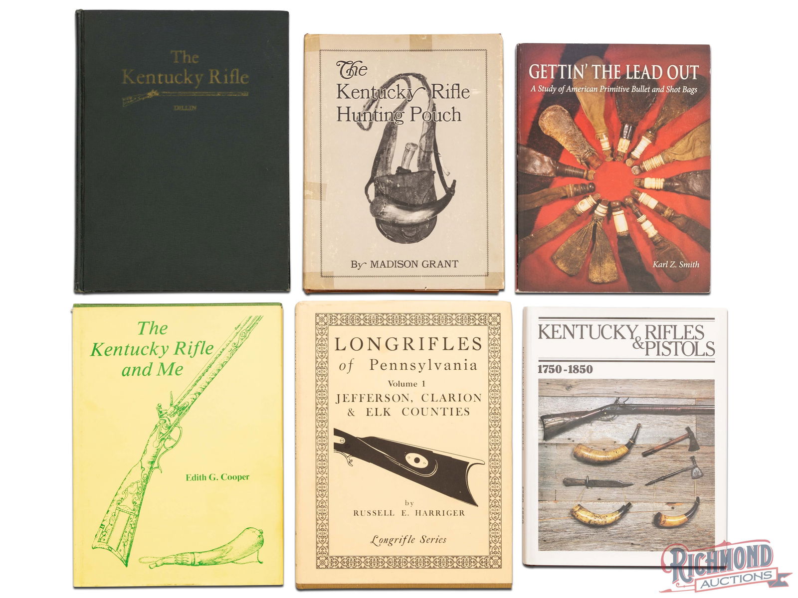 Lot of Six Kentucky Rifle Associated Reference Books: Lot includes six Kentucky rifle related reference books. Includes "Getting the Lead Out" by Carl Z. Smith, "The Kentucky Rifle Hunting Pouch" by Madison Grant, "The Kentucky Rifle" by Dillin, "Kentuck