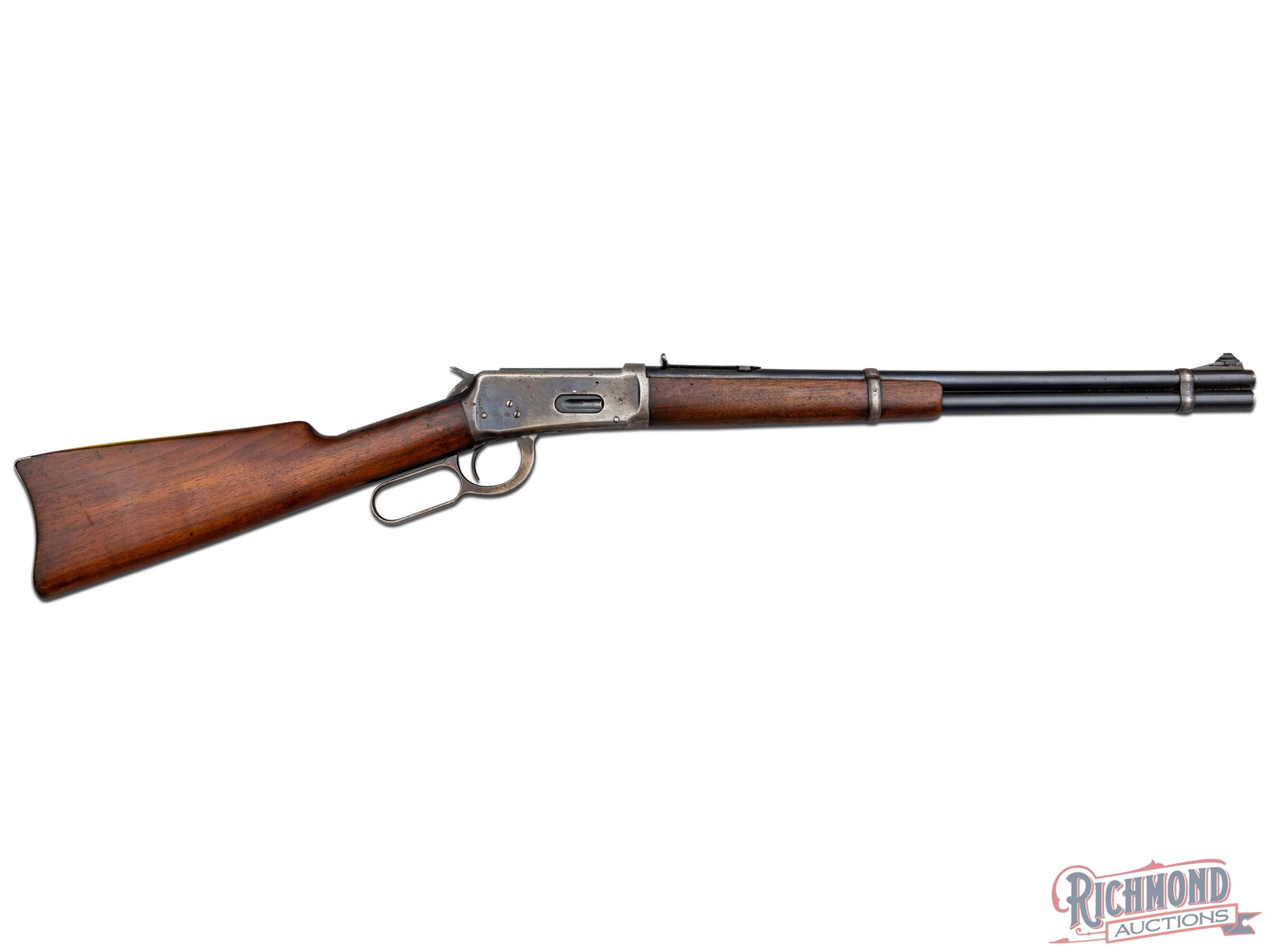 Pre-War Winchester Model 94 Lever Action Eastern Carbine with Carbine Style Buttplate in 30 W.C.F.: Made by Winchester Repeating Arms Company in 1936. Gun has blued Winchester Proof steel 20" round barrel with standard rear 22G rear sight and hooded ramp front sight (missing hood). Barrel is marked 