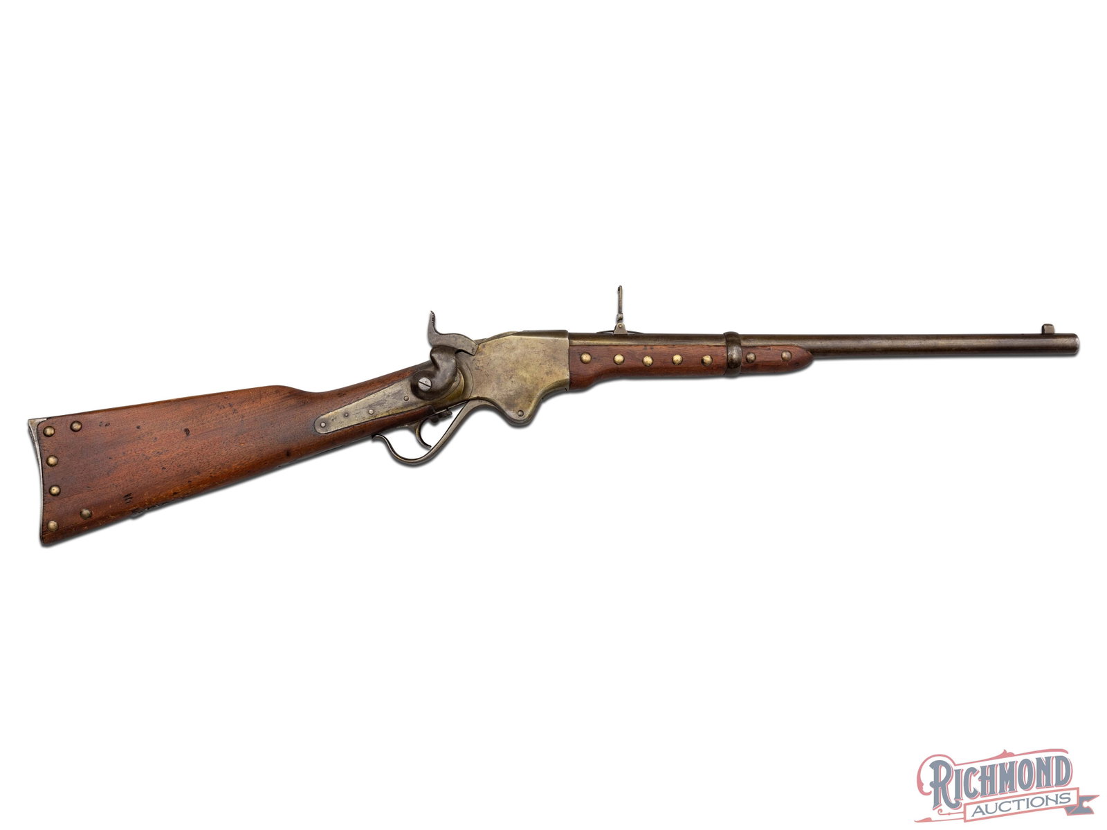 Attributed Native American Used 1865 Spencer Carbine in 56-52 Caliber: Made by Burnside Rifle Company, circa 1865, with U.S. Government purchasing roughly 30,000. Gun has 3 grooved rifled 20" blued round steel barrel in 56-52 rimfire caliber with pinned blade front sight