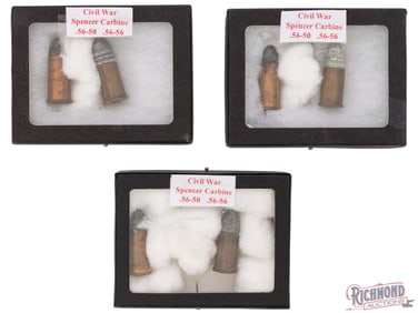 Lot of Three Riker Display Mounted 56-50 and 56-56 Spencer Ammunition From Civil War