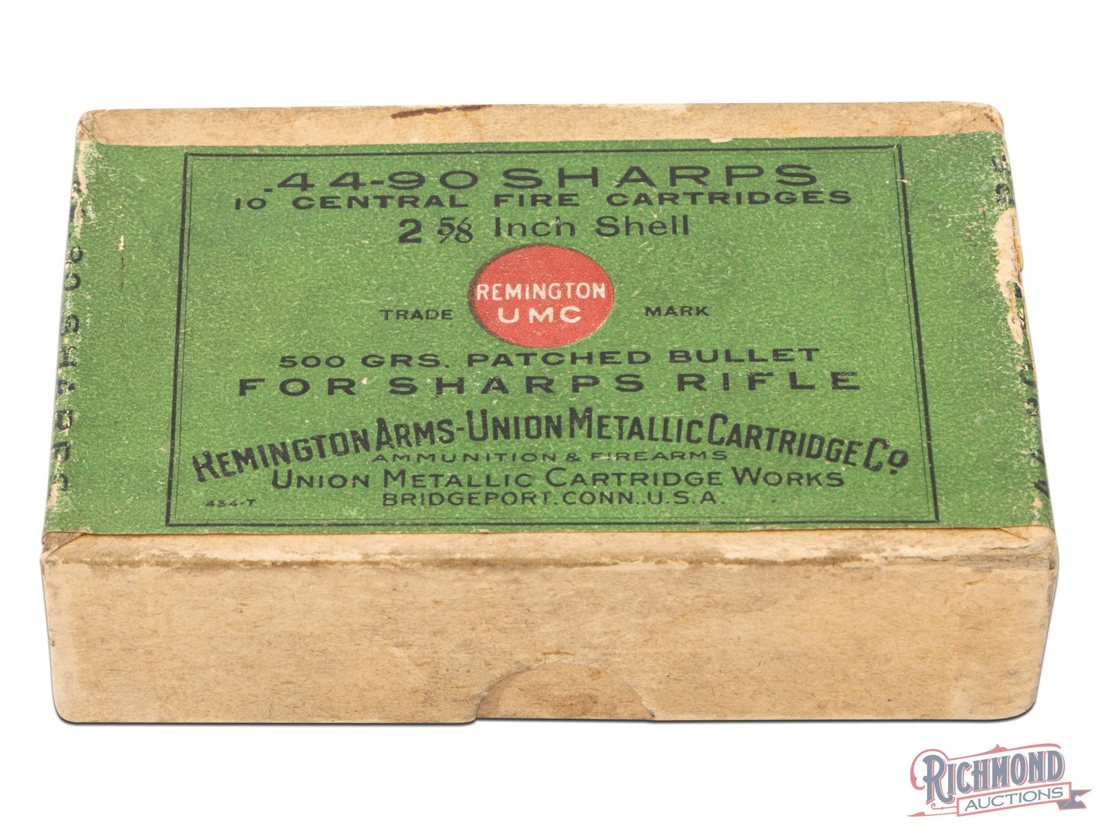 Opened Factory Full 10 Round Box of Remington-U.M.C. 44-90 Sharps: Made by Remington-U.M.C. Company with box lid having "Remington-UMC" red dot. Two piece box is 10 round and has a dark green lid label with "44-90 SHARPS" marking in black ink with standard Remington-