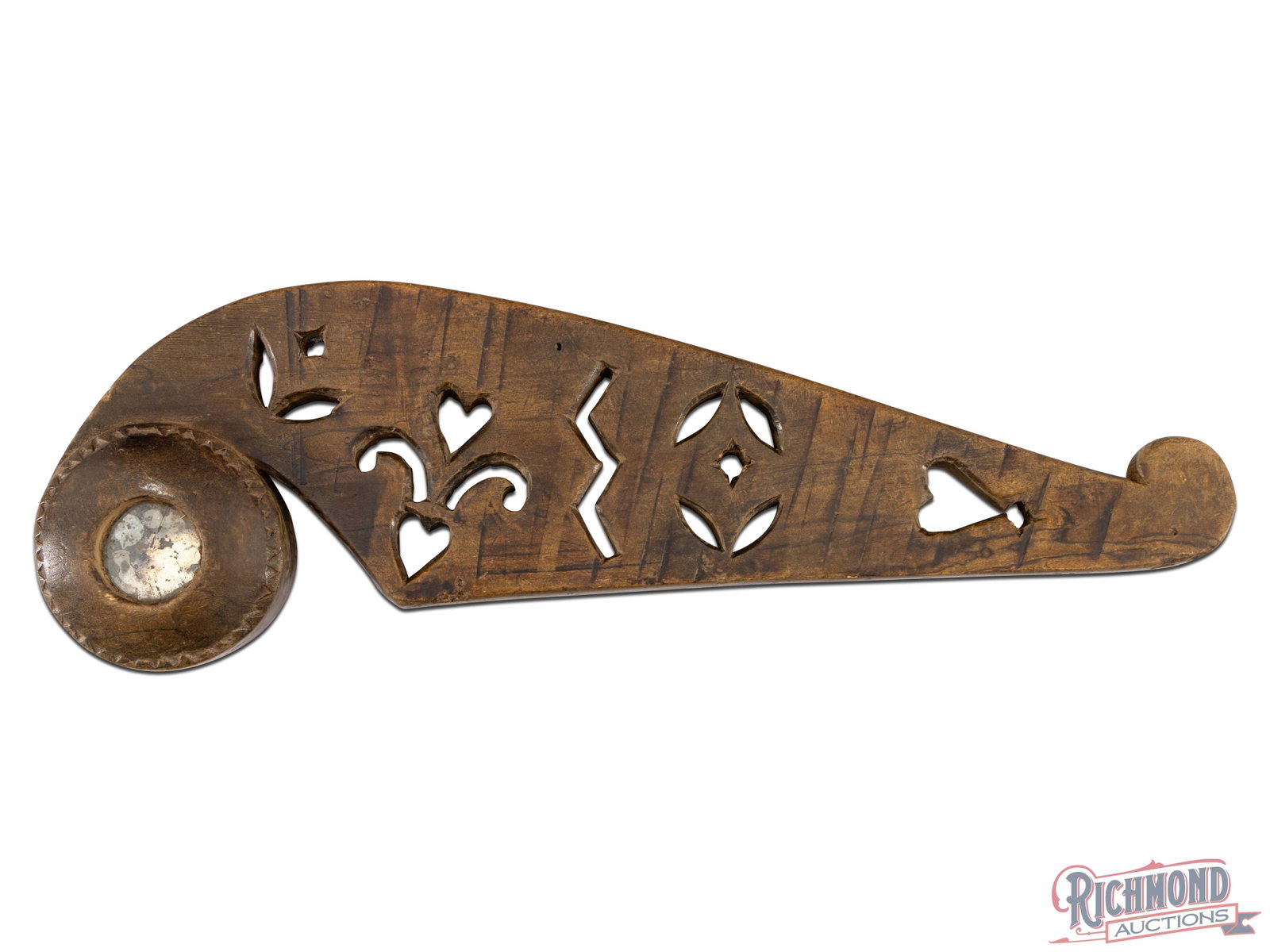 Native American Mirrored Ceremonial Dance Wand: A wooden club shaped ceremonial piece that would have been used in ritual dances. Could be Plains or Great Lakes. Likely last quarter of the 19th century. Approximately 18" long and 5" on widest point