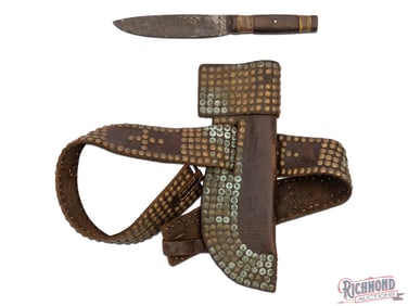 Leather Belt and Sheath with Knife Possible Blackfoot with Brass Tacks