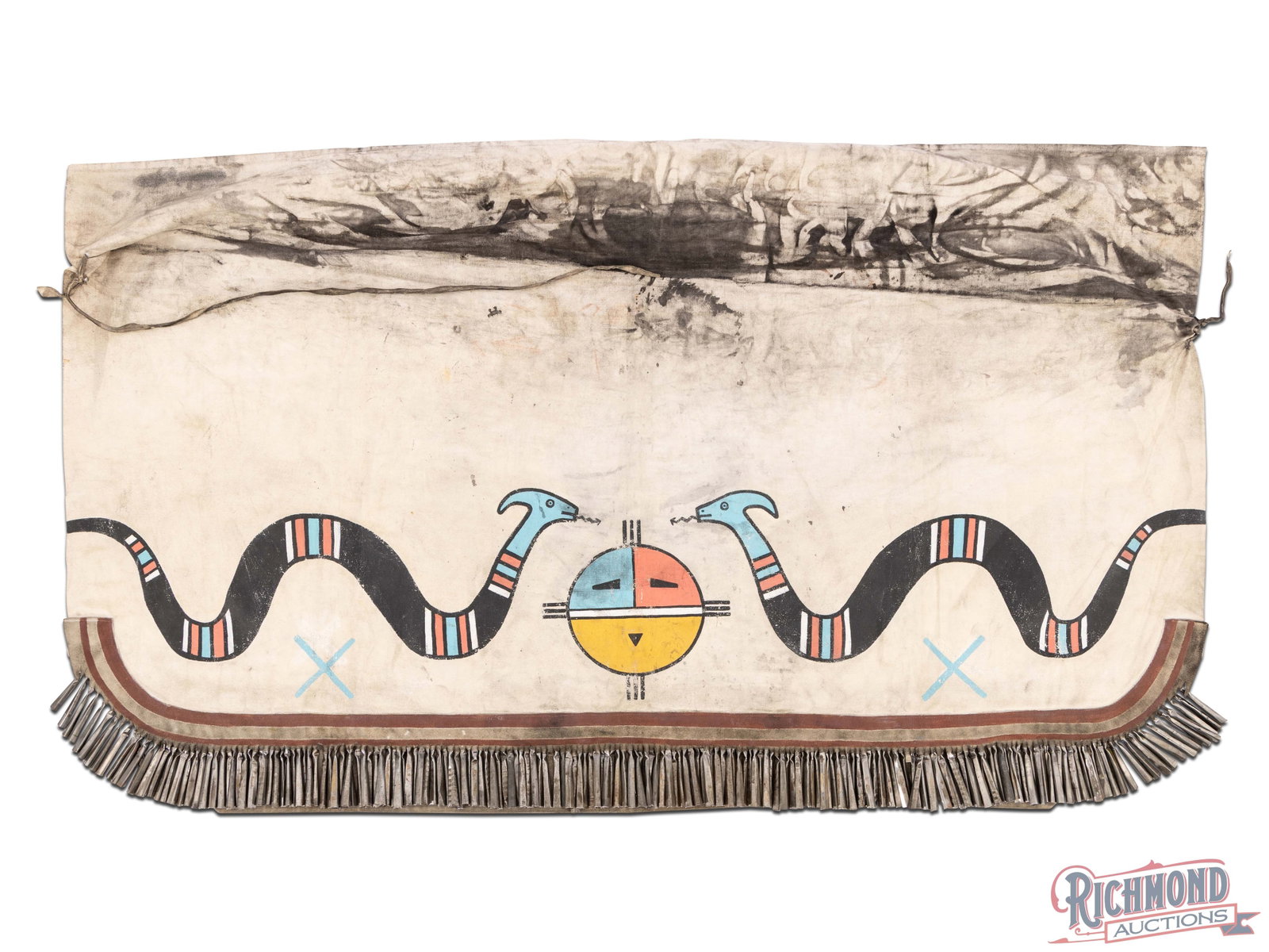 Southwestern Hopi Snake Dance Ceremonial Apron: First quarter of the 20th century heavily used ceremonial dance apron. Likely Hopi showing two snakes adorned with over 100 tin cones. These aprons were used in various ceremonial celebrations and dan