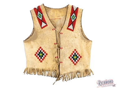 Native American Southwestern Beaded Leather Vest Whirling Logs