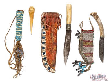 Collection of Beaded Native American Items Knives, Sheaths and Awl Case