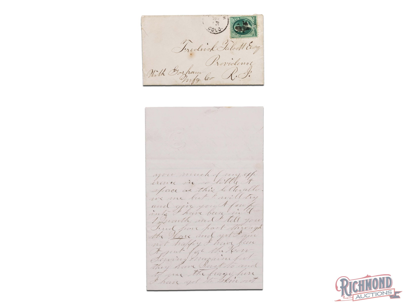 1870 Letter Describing Indian Chief in Denver Colorado: An 1870 letter and stamped envelope detailing Western adventures in the Rocky Mountains. Small excerpts from the letter;" I have been agent for the war serving machine but they have bust to and to use