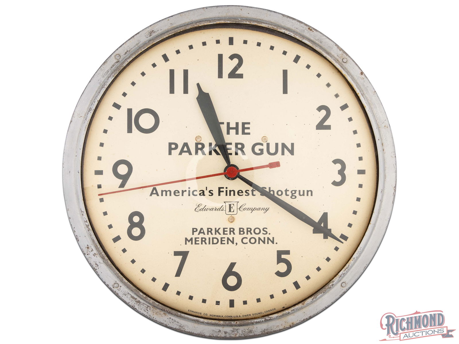 Parker Brothers Gun Company Advertising Clock Made by Edwards Company Norwalk, Connecticut: Electric wall clock with face having "THE PARKER GUN"/AMERICA'S FINEST SHOTGUN/EDWARDS"E" COMPANY/ PARKER BROS./MERIDEN, CONN." advertisement and made by Edwards Company of Norwalk, Connecticut at unk
