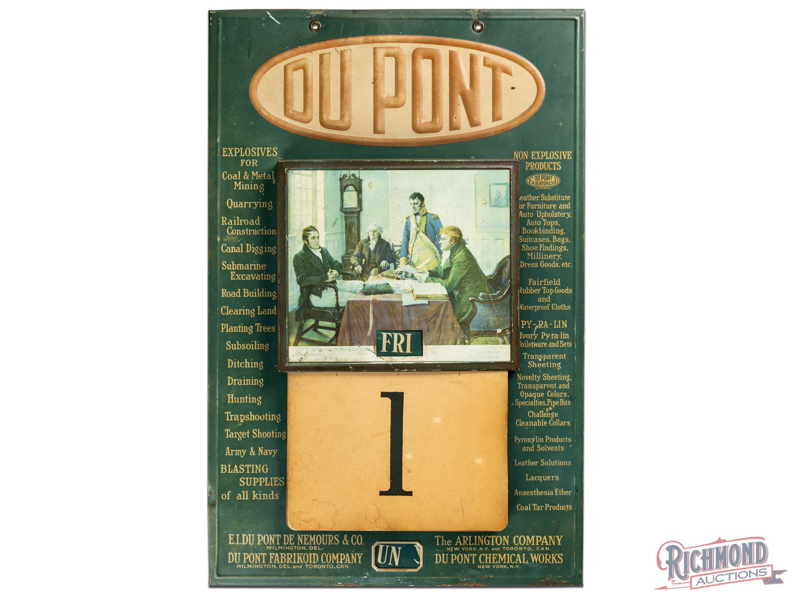 Dupont Explosives Chemical Company Perpetual SST Advertising Calendar Sign: SST embossed self-framed perpetual calendar sign has good color and shine. The field exhibits fine scratches with other light wear and fading to the logo and image in the center. The perimeter has sma