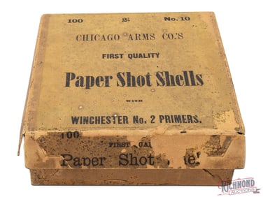 Rare Full Chicago Arms Company 100 Round 10 Gauge Primed First Quality Empties Two Piece Shell Box
