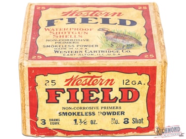 Factory Full Opened 25 Round Western Cartridge Company 12 Gauge Two Piece Field Shotgun Shell Box