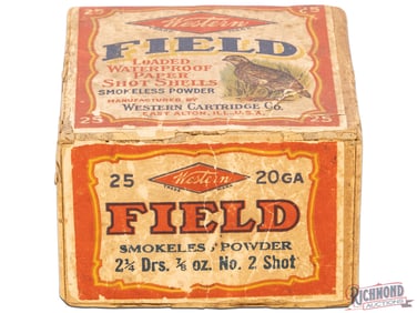 Factory Full Opened 25 Round Western Cartridge Company 20 Gauge Two Piece Field Shotgun Shell Box