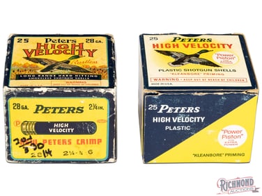 Two Full 25 Round Remington Peters 28 Gauge One Piece High Velocity Shotgun Shell Boxes