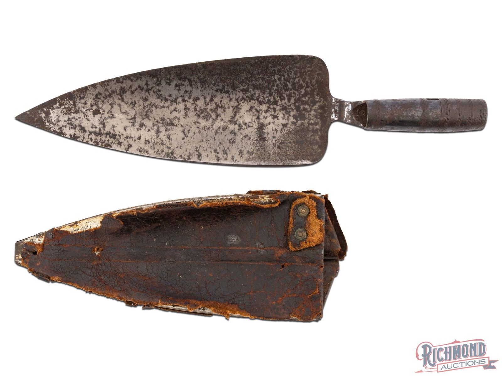 Indian Wars Trowel Spade Bayonet with Leather Scabbard: An Indian Wars Trowel Bayonet used for trench digging, protection and other utility uses. Retains scabbard in worn condition, missing areas of leather and missing tip. Bayonet shows pitting and other
