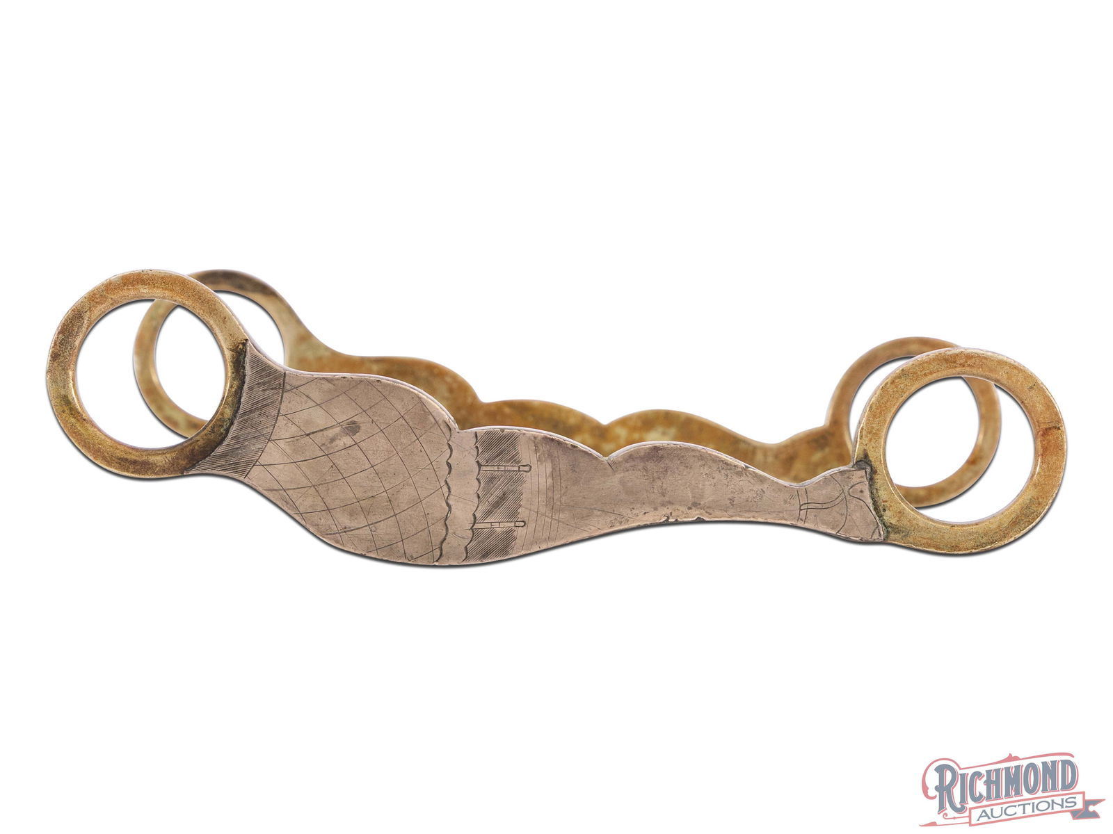 Ricardo Nickel Sterling Overlay Gal Leg Horse Bit: A nicely engraved detailed western gal leg bit by Ricardo. Markings inside bit "Ricardo", nickel silver, sterling overlay, and the numbers "2" and "8". Approximately 5" (mouth), 6.5" in length.