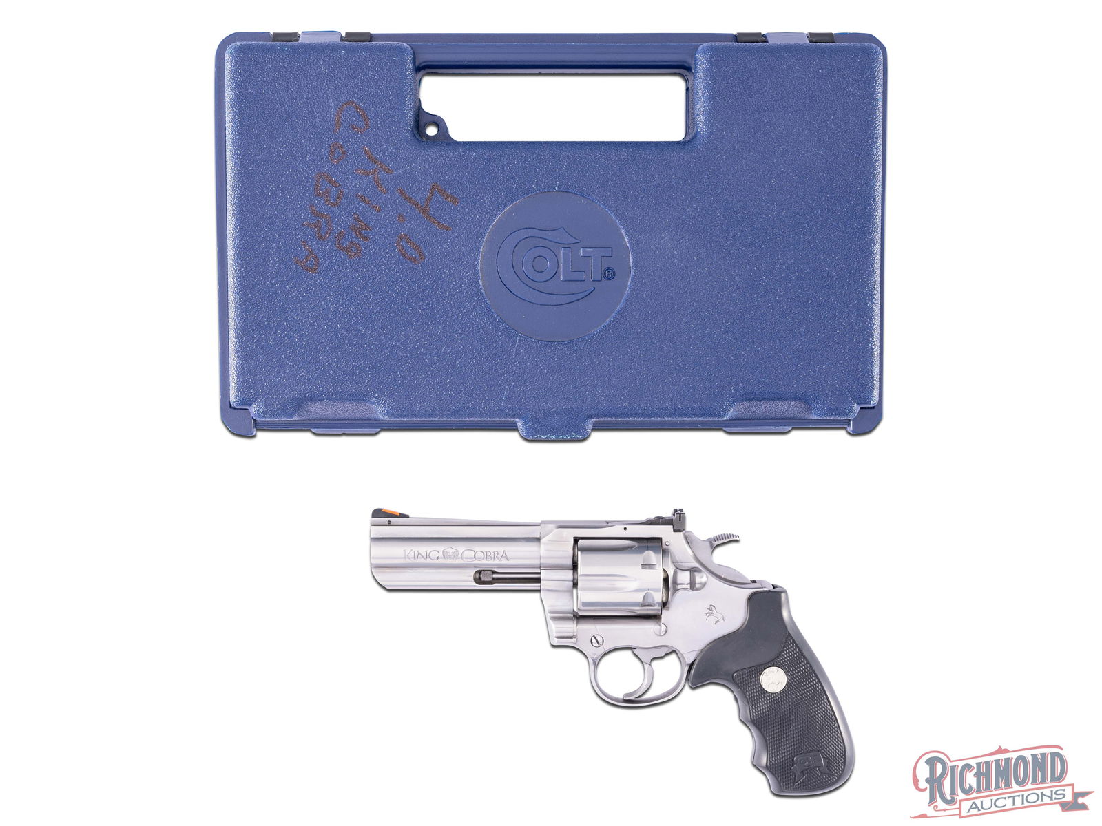 1996 Colt King Cobra Enhanced .357 MAG 4" Double Action Revolver: Manufactured in 1996. This beautiful snake gun features a 4" barrel with the enhanced recessed muzzle and full length shroud. Rear white outlined adjustable notch sight and orange highlighted front ra