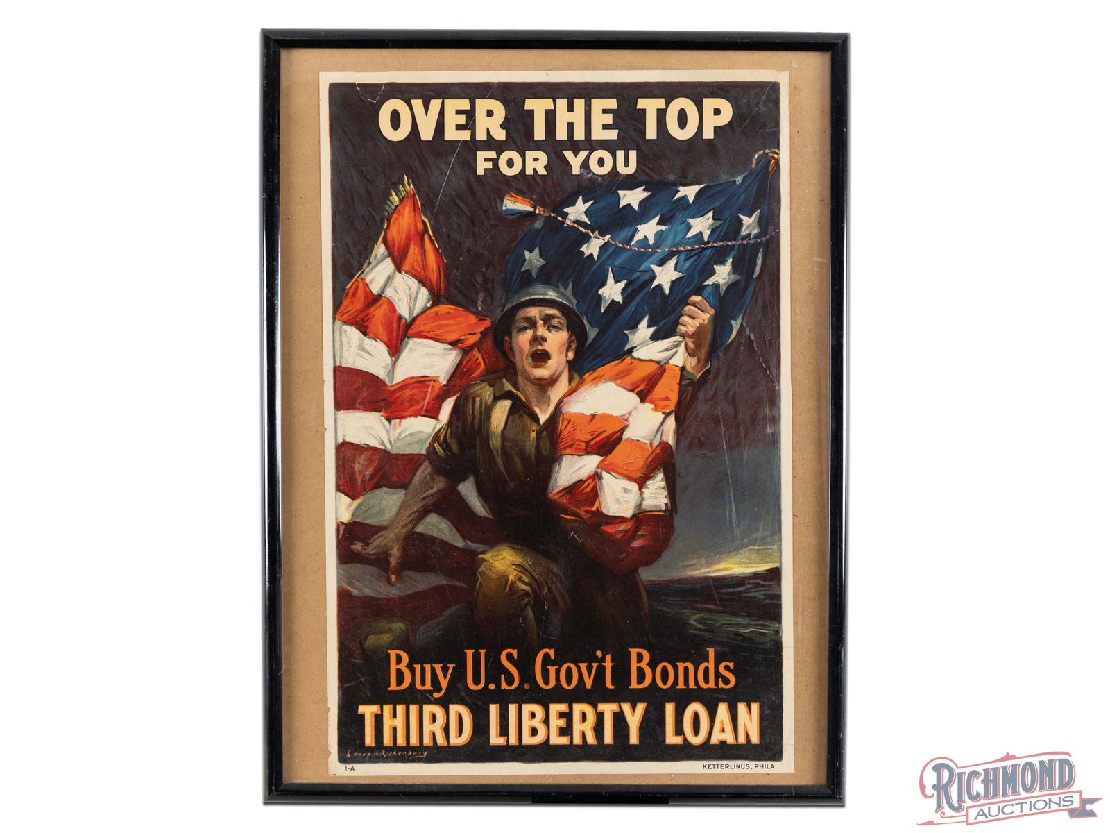1918 War Bonds Poster 3rd Liberty Loan Over the Top: Approximately 30"x20" Bonds Poster, Ketterlinus, Phila. Sidney Rosenberg 1-A. Good colors, nicks and wear, especially on the border.