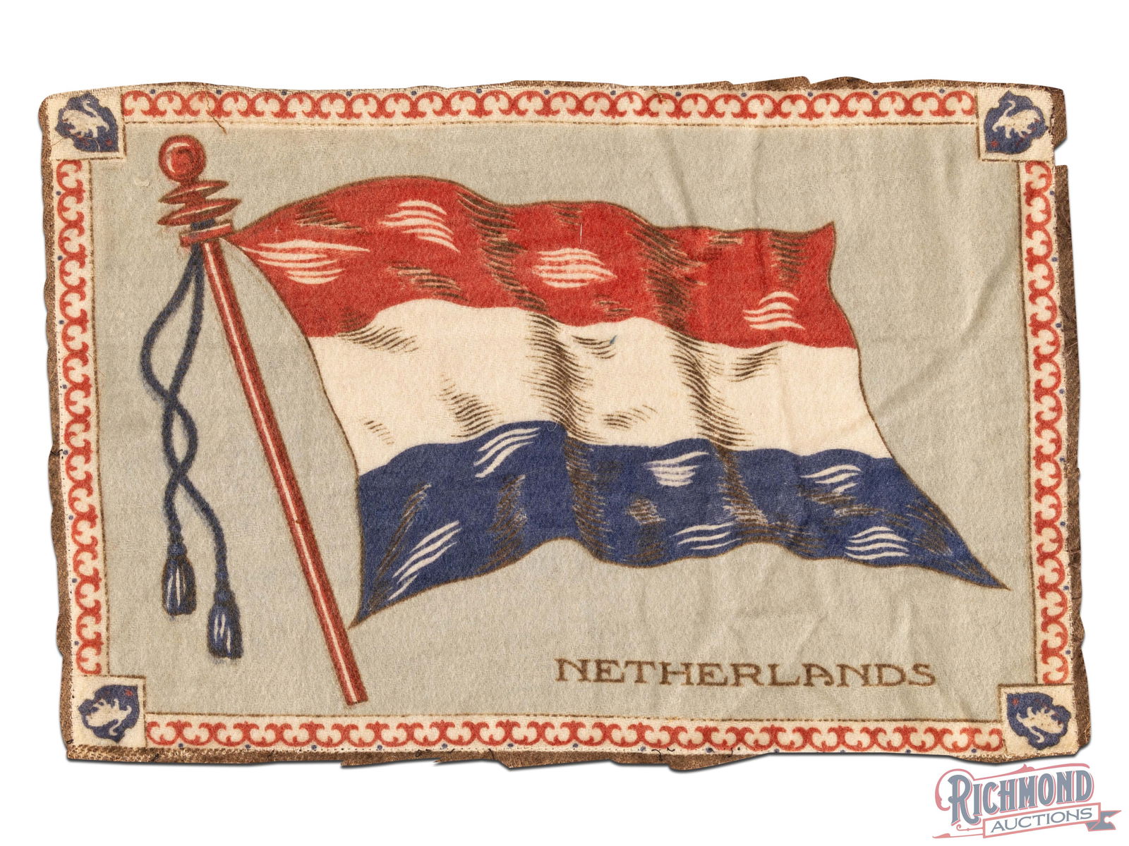 Early 20th Century Dutch Tobacco Flag: Made in the Netherlands, circa 1890 to 1915 to be given away with tobacco products. Flag is double-sided and is made of felt and carries the Dutch Blue, White, and Red flag with "NETHERLANDS" logo (lo