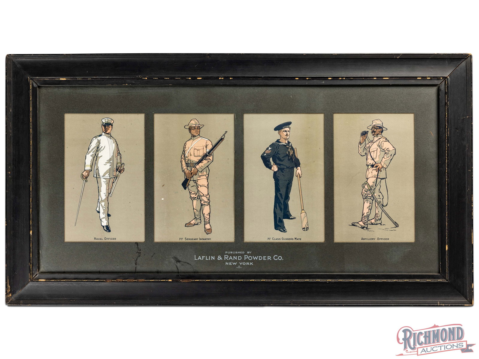 Laflin & Rand Powder Company Four Panel Advertising Display Sign "Military Theme": Single sided four-panel advertising display with factory mat and frame has good color. The display features four advertising panels which include: Naval Officer, 1st Sergeant Infantry, 1st Class Gunne