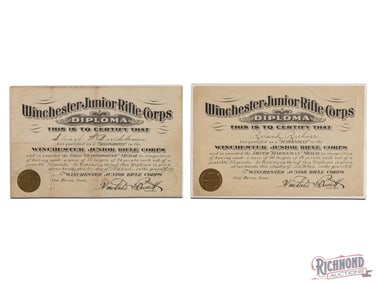 Two Winchester Junior Rifle Corps Diplomas Marksman & Sharpshooter Awards 1918 & 1919
