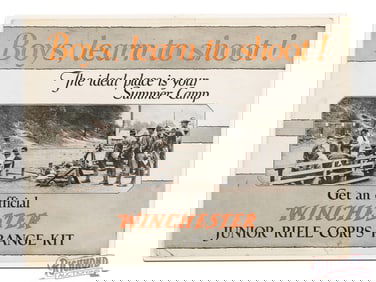 1920's Winchester Retail Counter Sign for W.J.R.C. Summer Camp Learn to Shoot!
