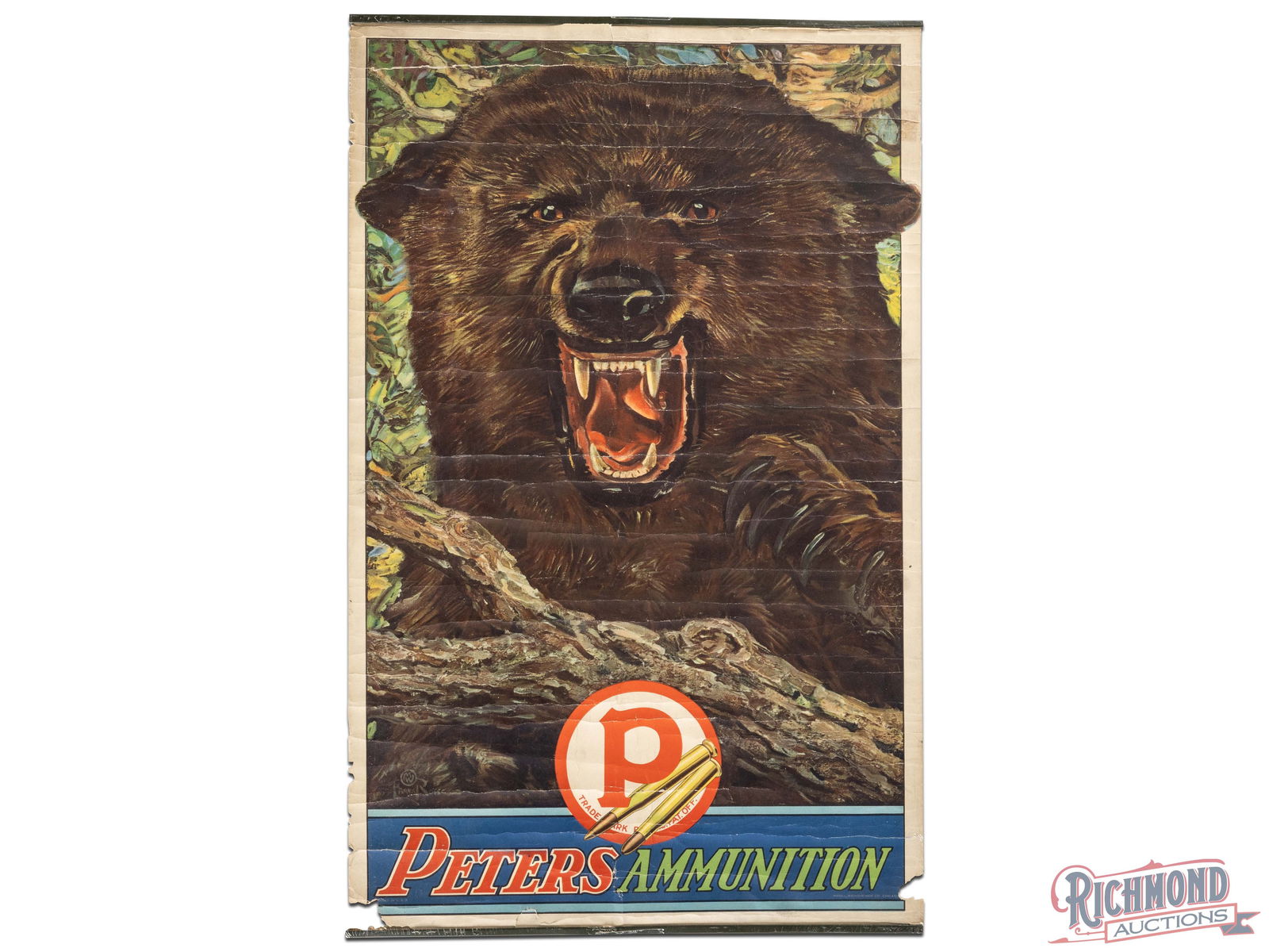 Peters Ammunition Advertising Display Sign w/ Grizzly Bear: Paper advertising sign with metal bands has very good color. The field exhibits surface wear with numerous horizontal creases. The outer fields and perimeter are similar with edge tears and areas of l