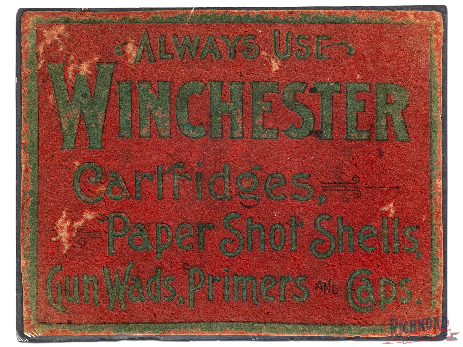 Always Use Winchester Cartridges Paper Shot Shells Advertising Counter Felt: Early counter felt has good color. It exhibits general wear with fading, areas of felt loss and discoloration. It has been shrink wrapped and mounted to foam board.