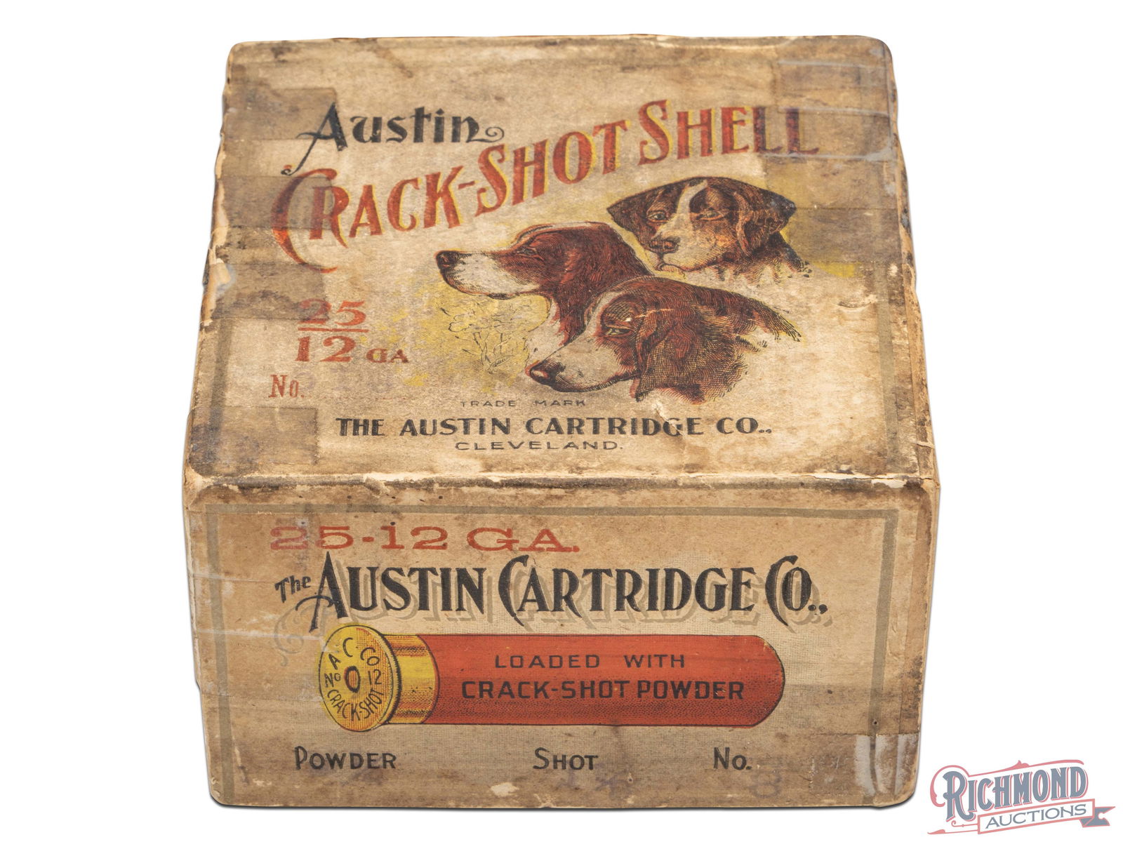 Empty 25 Round Austin Cartridge Company 12 Gauge Two Piece Crackshot Shotgun Shell Box: Austin Cartridge Company of Cleveland, Ohio "CRACKSHOT" Two piece 12 Gauge Shotgun Shell Box with "THREE DOGS" label and "Cleveland, Ohio" Address. Box is listed as a "7" rarity in Bacyk's "Encycloped