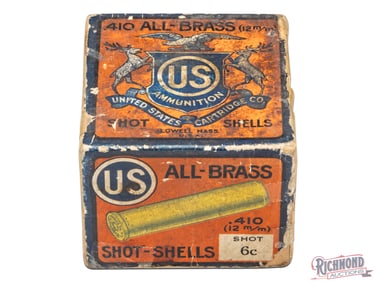 Empty 25 Round United States cartridge Co .410 Caliber Two Piece All Brass Shotgun Shell Box