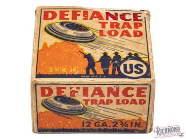 Empty 25 Round United States Cartridge Co 12 Gauge One Piece Defiance Trap Load Shotgun Shell Box