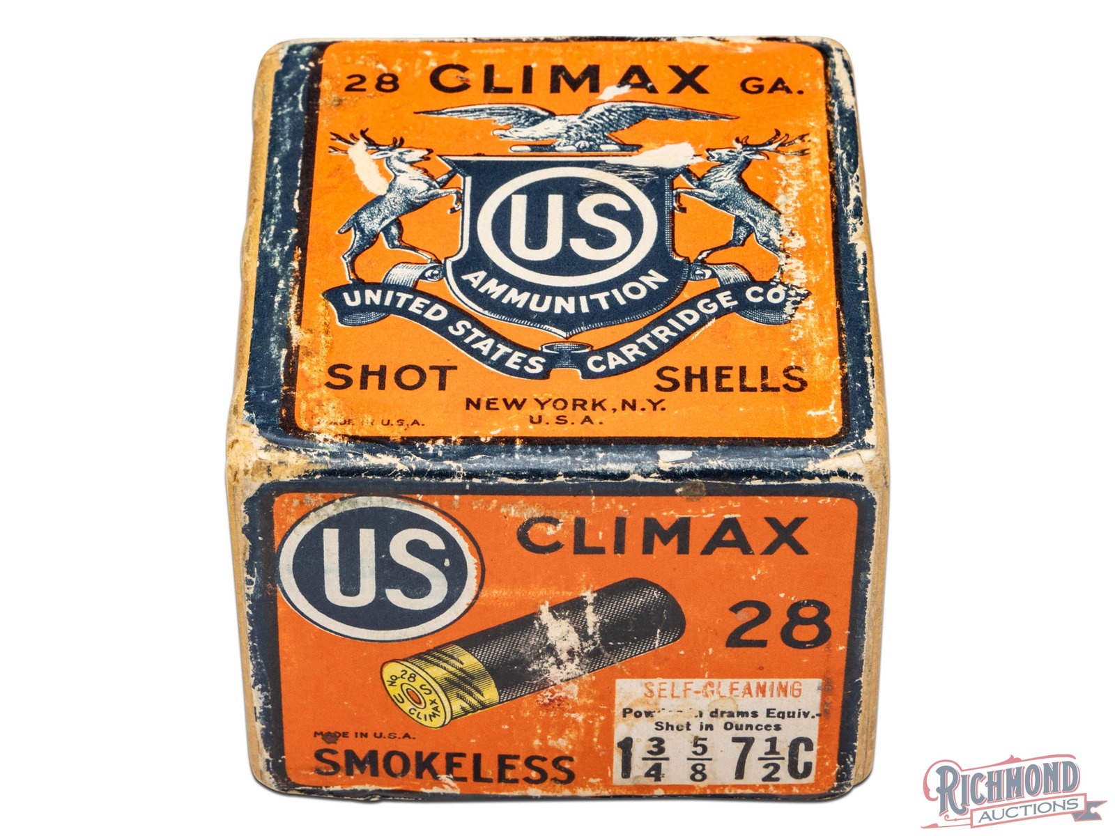 Full Sealed 25 Round United States Cartridge Company 28 Gauge Two Piece Climax Shotgun Shell Box: Made by United States Cartridge Company of New York. Lot features a factory full sealed 25 round 28 Gauge two piece box of "CLIMAX" shotgun shells with orange/ blue "DEER AND SHIELD" label with "CLIMA