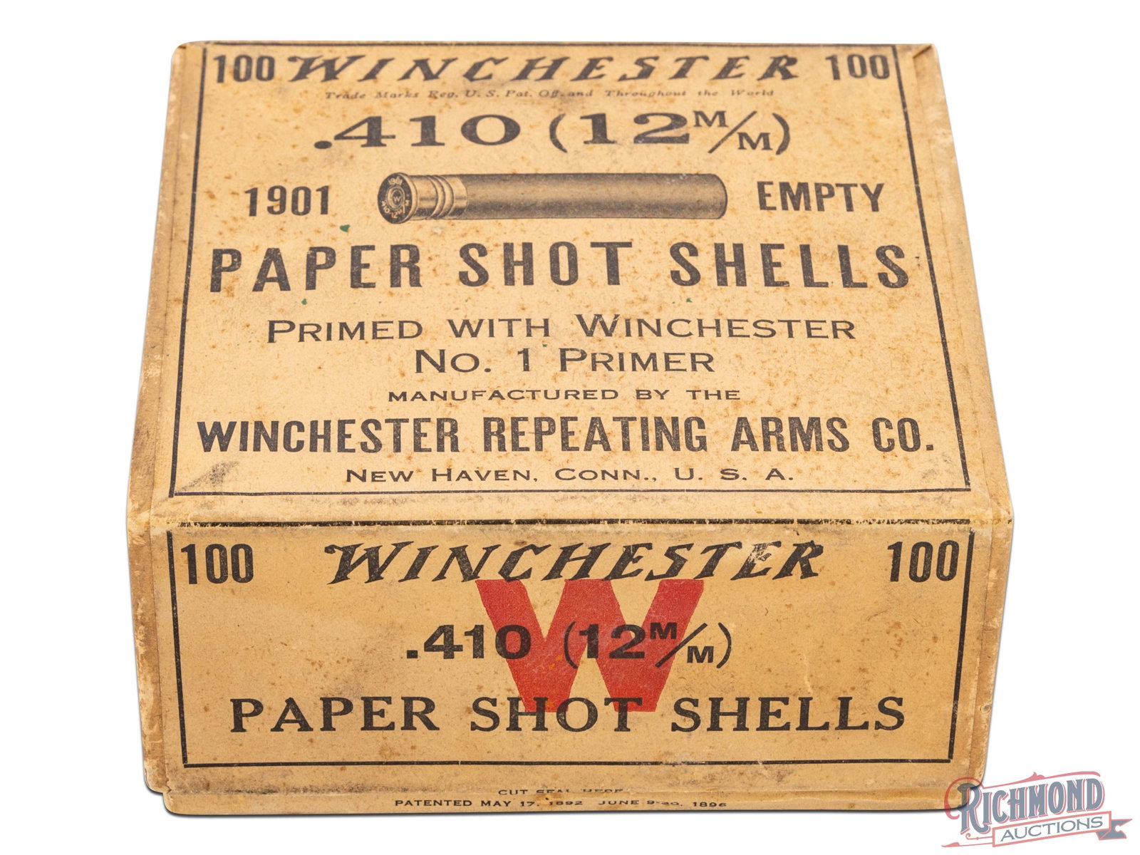 Sealed Winchester Paper Shot Shells Box Containing 100 Empty 410 Primed Shells Two Piece Box: In our opinion, this Winchester 100 count .410 primed empty cases box is one of the most difficult to find due to a low demand in this era to reload .410 paper shot shells. This one goes to top level 
