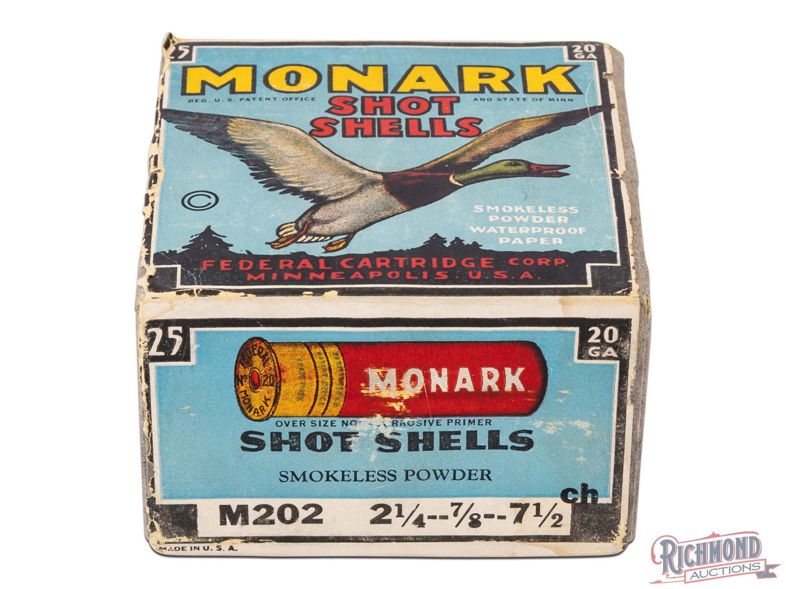 Sealed Federal Monark Paper Shot Shells Smokeless Powder Load M202 Blue Box 20 Ga Two Piece Box: This box is similar to page 33 in Bacyk's book. This one has the blue color cardboard and underneath "Monark" on the top label is "Reg. U.S. Patent Office and State of Minn.". The loading of this 20 g